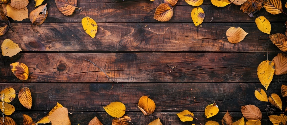 Leinwandbilder Top down view of a vintage wooden table with a border of autumn leaves in yellow and orange hues creating a frame with room for text in the image. Creative banner. Copyspace image
