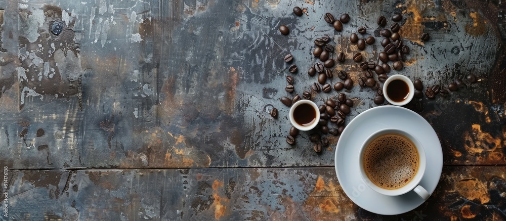 Poster top view shot of a coffee cup and beans arranged on an aged kitchen table with ample copy space imag