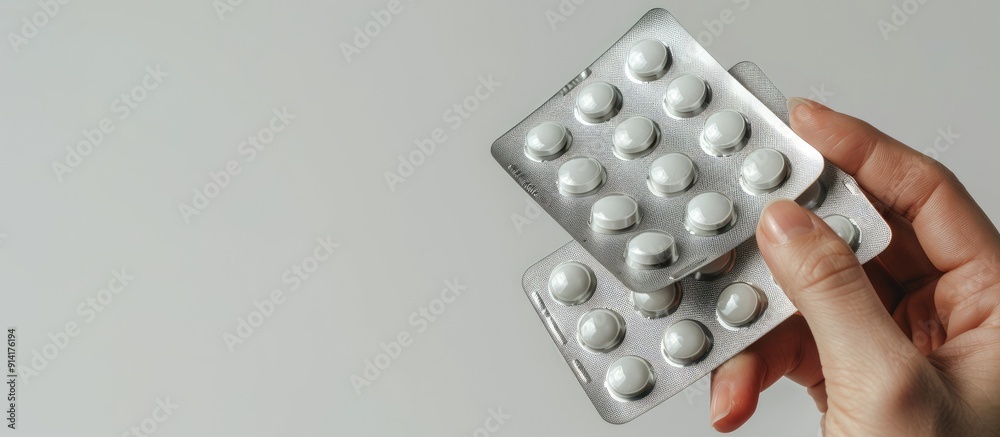 Poster white background with a hand holding silver blister packs of pills providing space for additional in