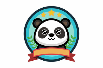 Naklejka premium Cute Panda Bear with Stars and Ribbon in a Circle