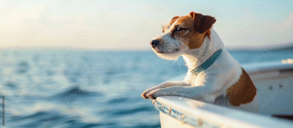 Poster Ocean view provides background for a side view of a Jack Russell Terrier on a boat with room for additional content in a copy space image
