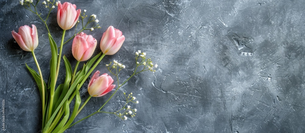 Poster Stylish gray stone backdrop showcasing a bouquet of pink tulips and white gypsophila for Mother s Day or birthdays perfect for custom text Ideal for a copy space image