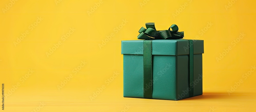 Poster a lone green gift box set against a yellow backdrop with ample copy space image available