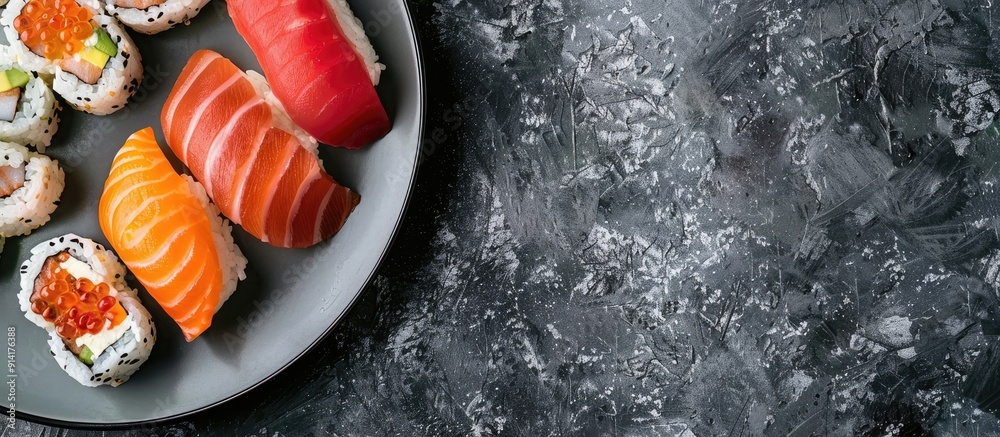 Poster top view of a sushi set featuring salmon soft cheese tuna and smoked eel for home delivery perfect f