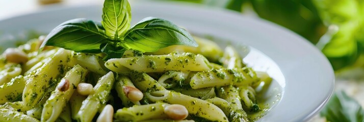 Traditional trofie pasta with basil and pine nut pesto in the style of Ligurian cuisine
