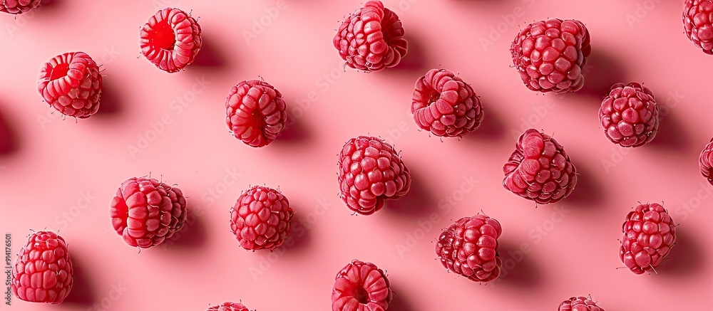 Poster Pink background with a raspberry pattern symbolizing a colorful diet concept seen from above with copy space image for a healthy food idea