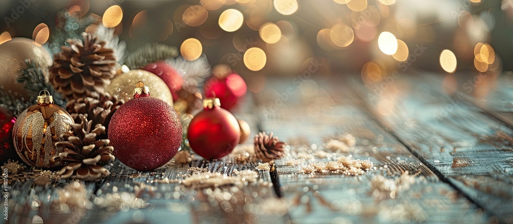 Poster festive christmas scene with ornaments and baubles arranged on a wooden table featuring copy space i