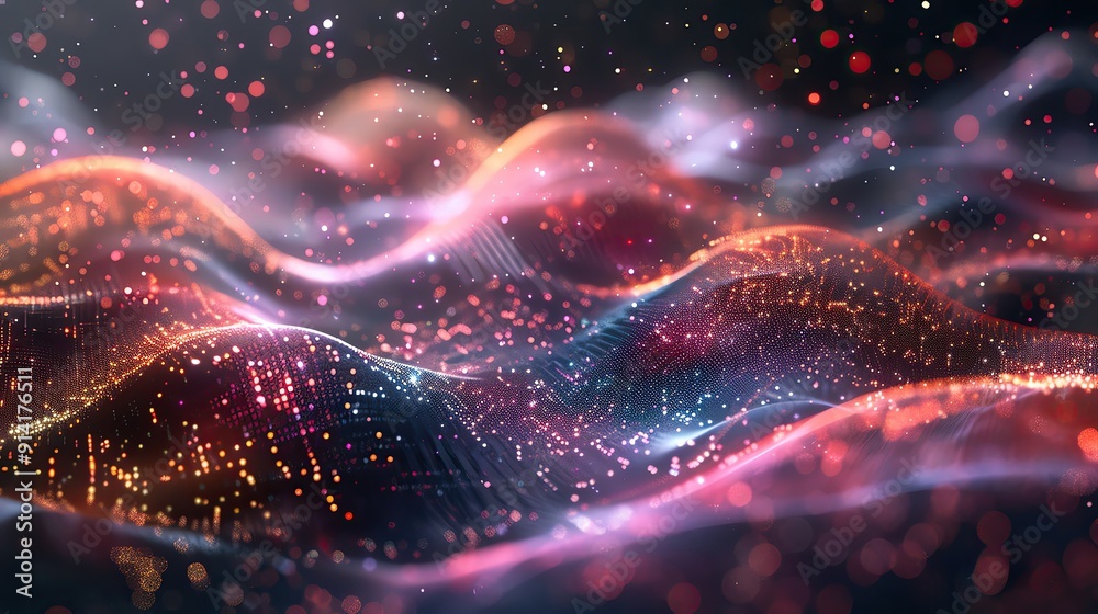 Poster abstract wave pattern with vibrant colors and glowing particles, creating a mesmerizing visual exper