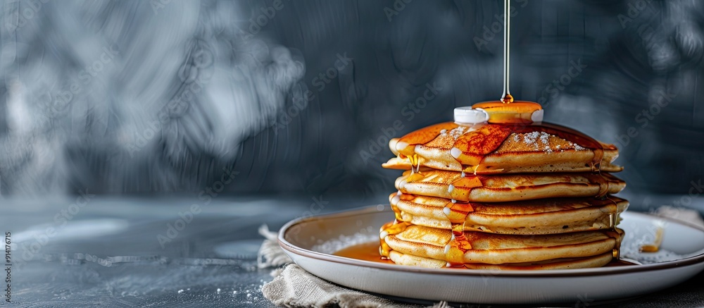 Aufkleber A tall stack of homemade pancakes with a drizzle of maple syrup deliciously cooked and ready to be devoured filling the copy space image
