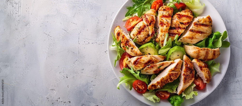 Poster grilled chicken salad with fresh tomatoes avocado perfect for keto paleo diet menu highlighted in a 