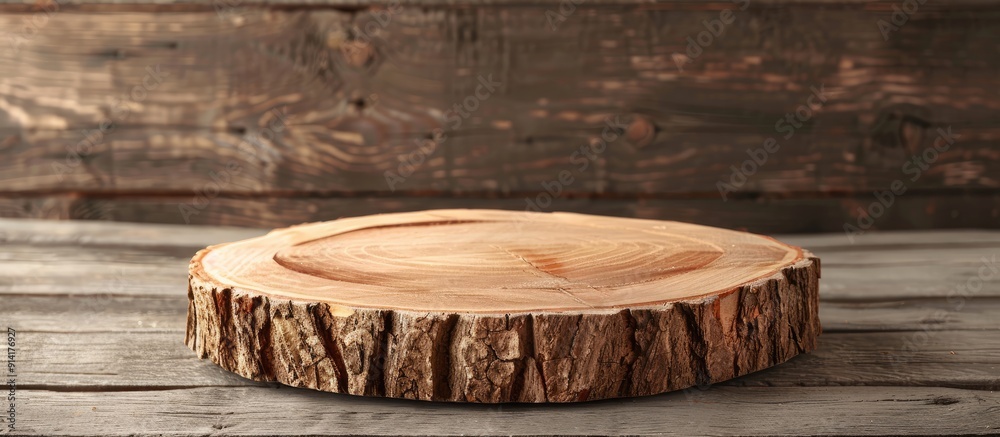 Poster Product display on wooden backdrop with a wooden slice stand Close up view with copy space image available