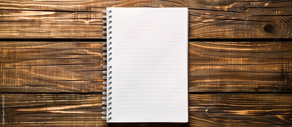 Poster Top view of a notebook paper on a wooden surface ideal for business and education concepts with ample copy space image