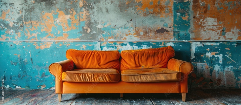 Aufkleber retro orange couch set against a weathered wall in a vintage style room with a rustic setting and co