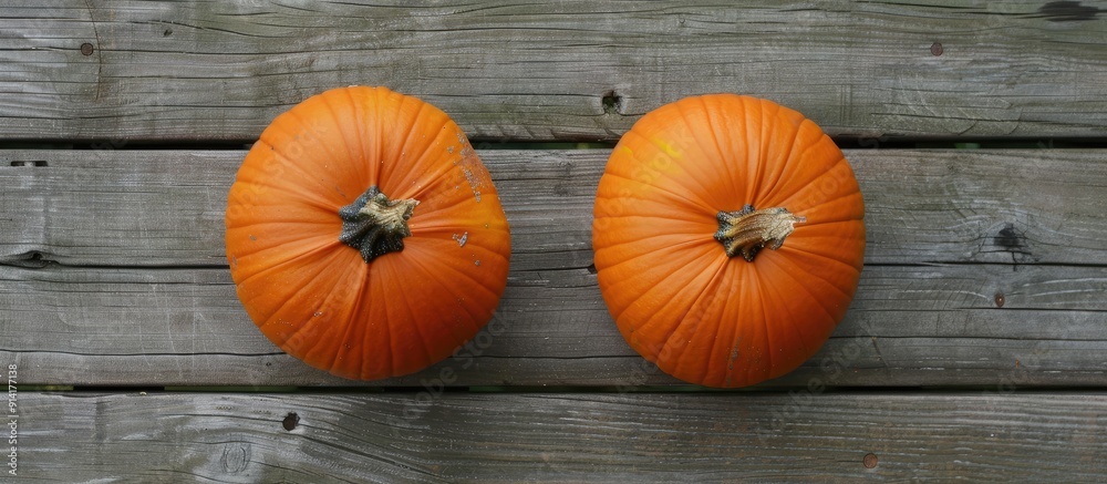 Poster top view of two pumpkins on a wooden surface with a clear focus on the stem area ideal for a copy sp