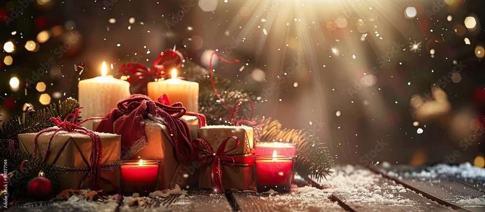Leinwandbilder A festive scene featuring Christmas presents and lit candles with a background ideal for adding text or graphics commonly known as copy space image
