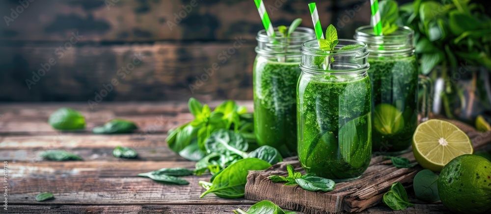 Aufkleber freshly prepared green detox juices with spinach on a rustic wooden table creating a delightful comp