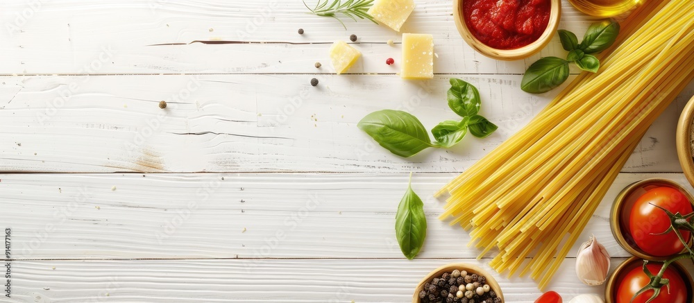 Aufkleber italian recipe spaghetti made from fresh organic ingredients displayed on a white wooden table backg