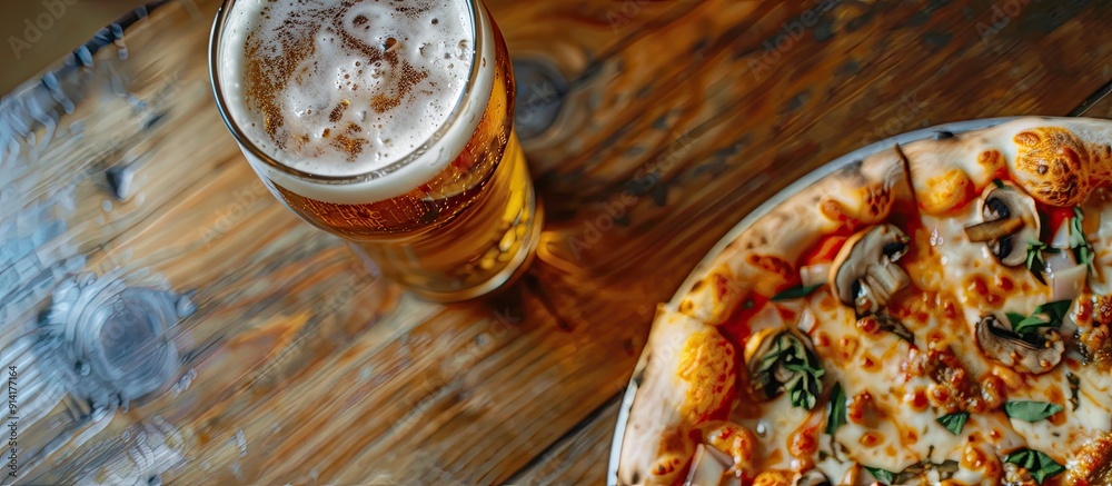 Poster Scrumptious pizza topped with a mix of cheese and mushrooms served with beer on a table with copy space image