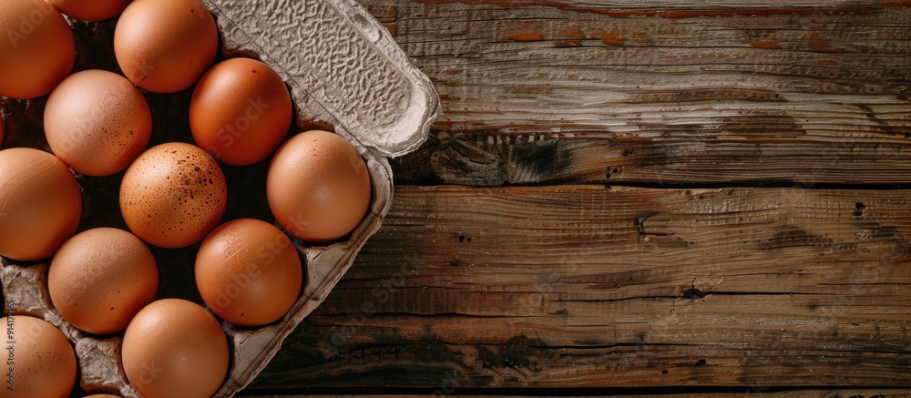 Aufkleber an open egg carton containing fresh brown chicken eggs with available copy space in the image