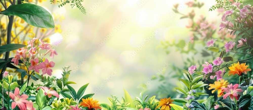 Leinwandbilder Vivid spring scene with blooming flowers and foliage set against a summery backdrop suitable for text additions in a copy space image