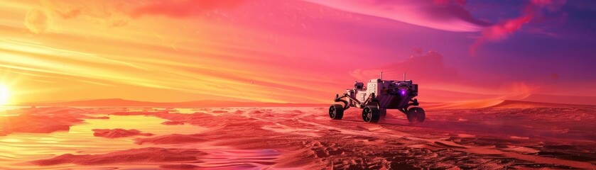 Obraz premium Futuristic vehicle exploring an alien landscape during a vibrant sunset, showcasing technology and adventure in a surreal setting.