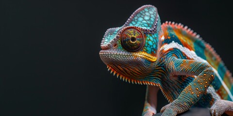 Obraz premium A colorful chameleon is shown in a black background. The chameleon is green and orange, with a white stripe on its back. Concept of vibrancy and life