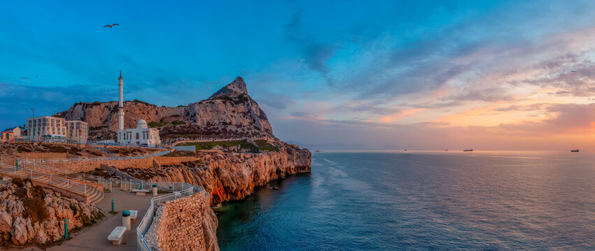 Europa Point Lighthouse with sea in background. Gibraltar, United Kingdom.