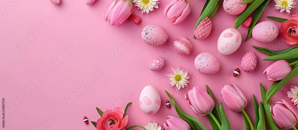 Poster pink tulips and easter eggs viewed from the top on pink background with copy space image available