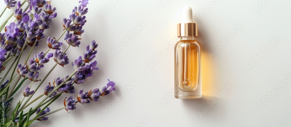 Poster Glass bottle with pipette containing lavender essential oil surrounded by lavender flowers and set against a white background creating a copy space image for a serene and fragrant serum