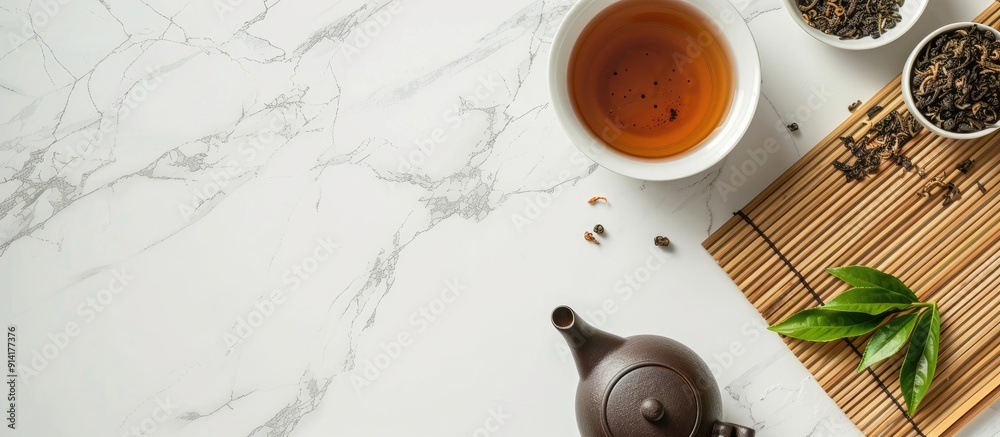 Poster Top down view of a setup on a white marble surface with a bamboo mat dry tea leaves a teapot and space for text or images. Creative banner. Copyspace image