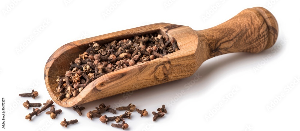 Poster Top view of a wooden scoop filled with dried cloves isolated on a white background with clipping path for a copy space image