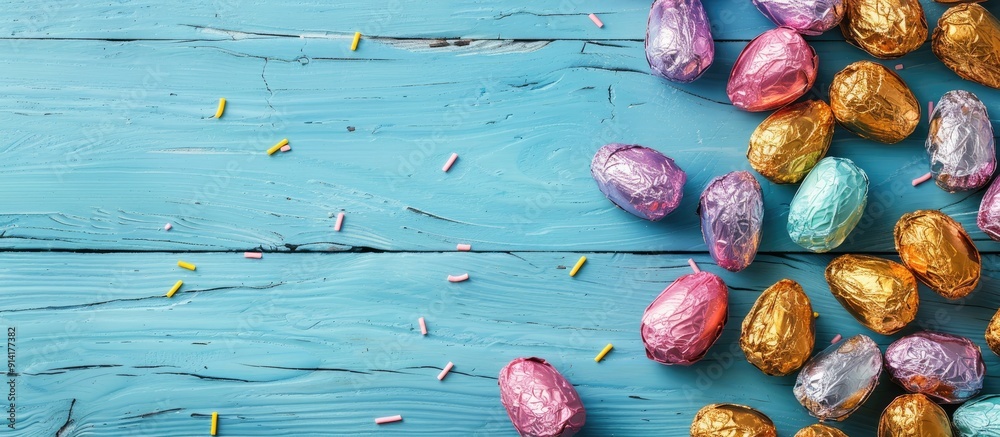 Aufkleber a light blue wooden table adorned with colorful foil wrapped chocolate eggs providing ample copy spa