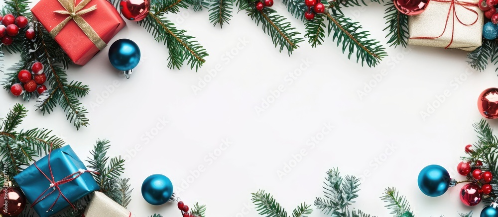 Aufkleber a festive christmas backdrop featuring tree branches and colorful gift boxes and baubles on a white 