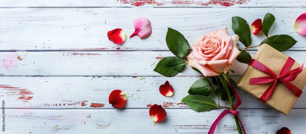 Aufkleber love and valentine s concept depicted in an image showing a red and pink rose with a gift box on a w