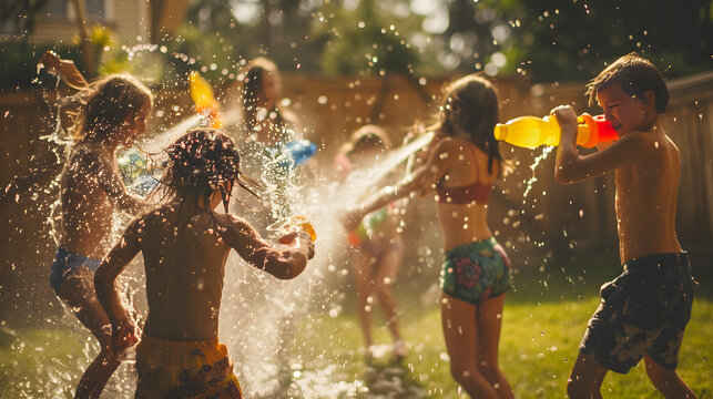 Children playing outside on a sunny day, getting wet and having fun with water guns. - Powered by Adobe