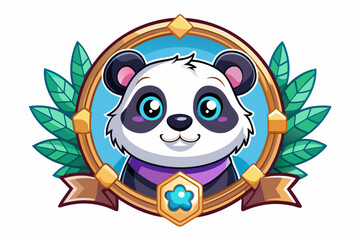 Fototapeta premium Cute Panda in a Golden Frame with Green Leaves and a Ribbon