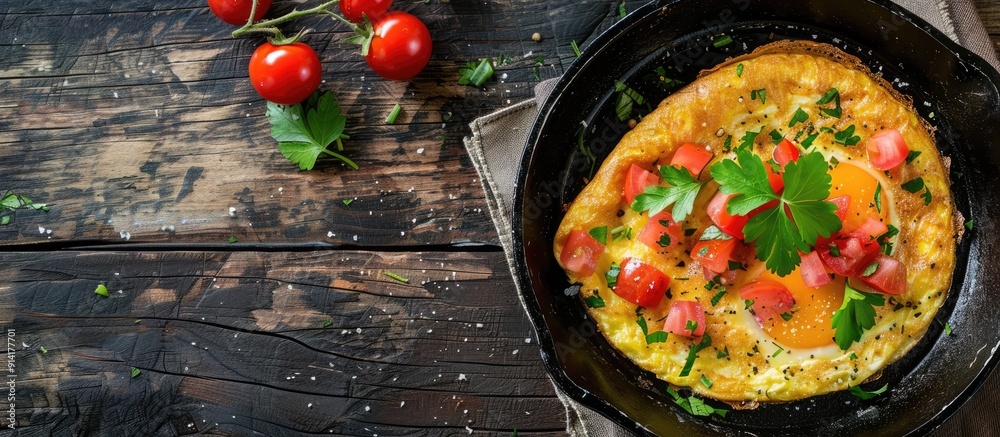 Poster Minced pork mixed with eggs and fresh tomatoes in an appetizing omelette Ample copy space for text or graphics