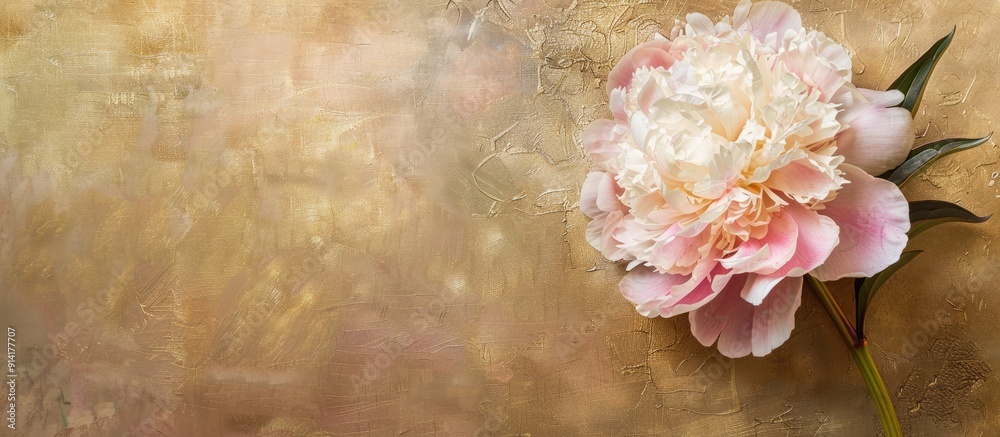 Poster a single pink and white peony in vintage painting style on a textured golden canvas or paper backgro
