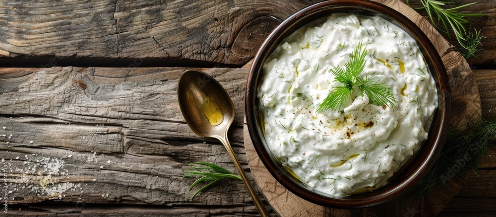 Poster traditional tzatziki displayed on a wooden backdrop beside a spoon with room for text in the copy sp