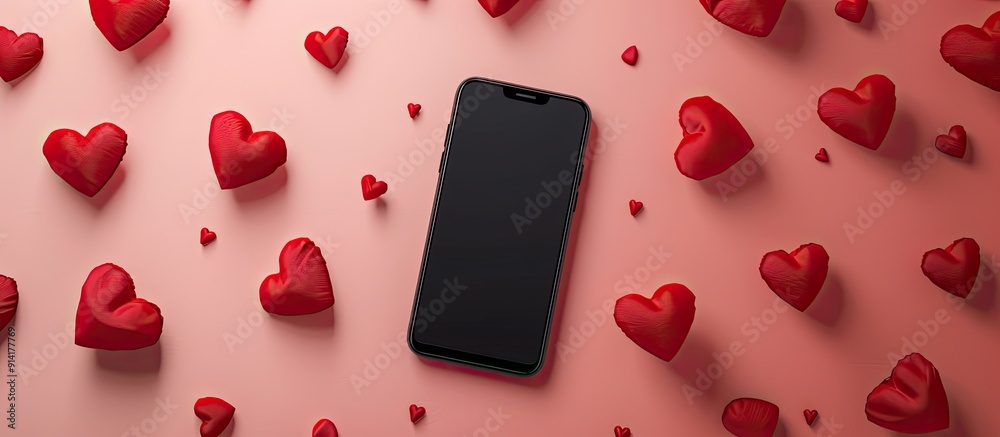 Poster valentine s day themed smartphone mock up template with heart shapes ideal for display or design pur