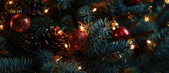 Festive Christmas decorations on a tree adorned with twinkling Christmas lights complemented by a copy space image