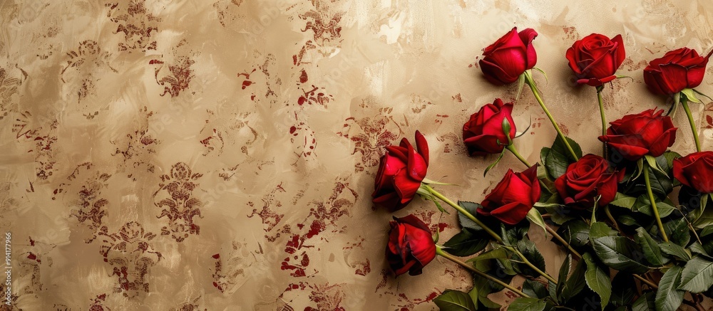Aufkleber A top down shot of a group of red roses lying on a patterned light brown background Picture with room for text. Creative banner. Copyspace image