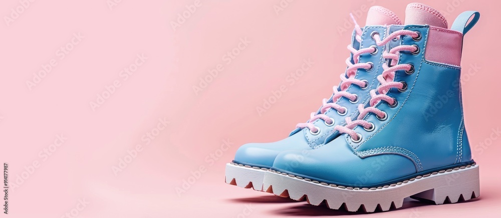 Poster stylish women s boots featured in a fashion color scheme with blue sneakers showcased on a light pin