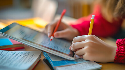 A person practicing a new language using flashcards and a language learning app on their tablet 