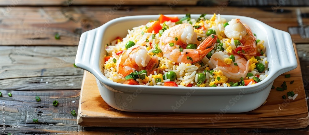 Poster shrimp topped egg fried rice with mixed vegetables in a white dish on a wooden background with room 