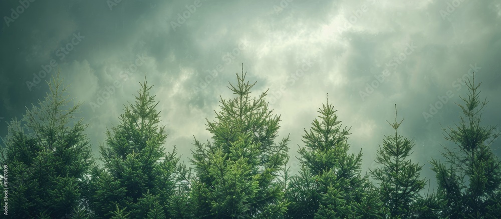 Sticker Pine tree tops against cloudy sky with copy space image