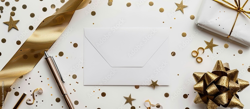 Poster white background featuring a blank note surrounded by an envelope ribbon confetti pen and golden gli
