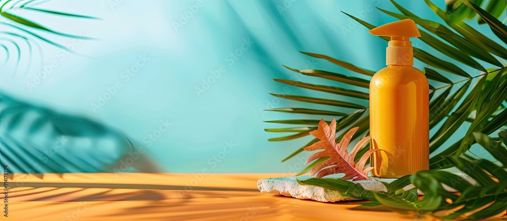 Poster Summer themed sunscreen lotion displayed on a table with vibrant color background for copy space image