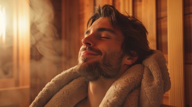 Gl&uuml;cklicher Mann in der Sauna &ndash; Tiefenentspannung bei wohliger Hitze