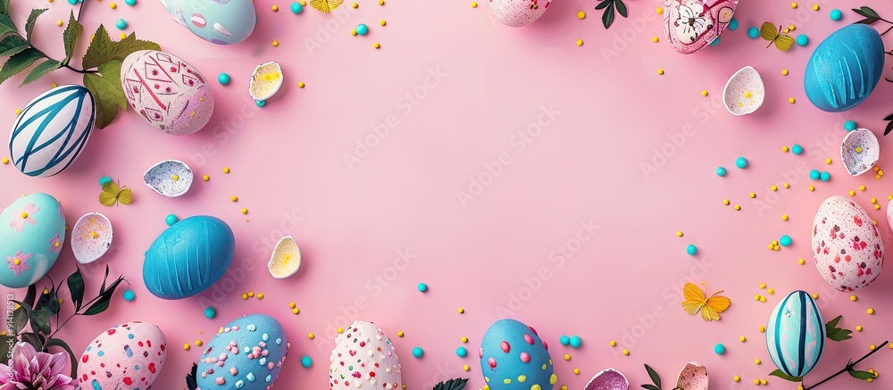 Poster flat lay view of easter decorations creating a colorful happy easter holiday background with copy sp